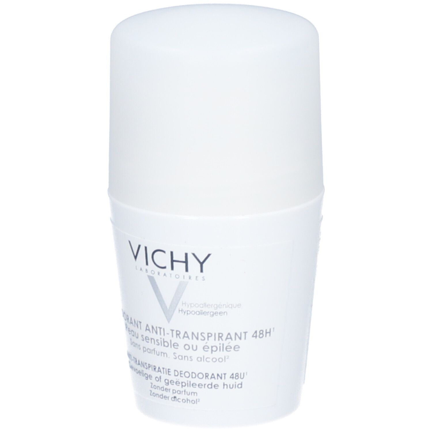 Witte roll-on deodorant van VICHY. Tekst: Deodorant Anti-Transpirant 48H, gevoelige huid. Zonder alcohol, zonder parfum.