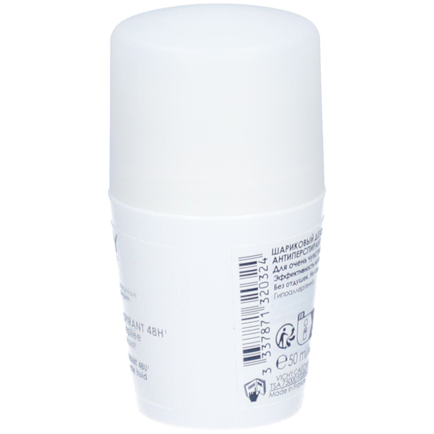 Achterkant van een witte VICHY roll-on deodorant. Tekst en symbolen.