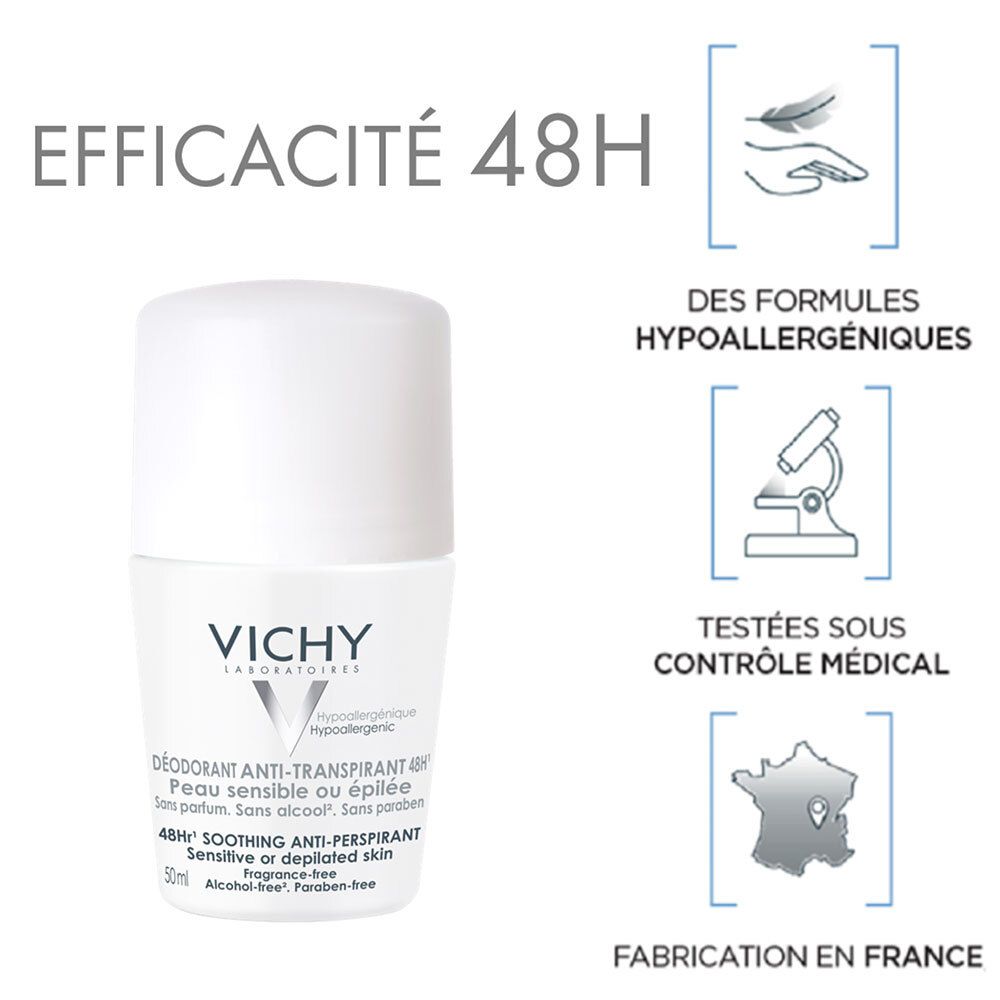 Witte roll-on deodorant van VICHY. Tekst: Werkzaamheid 48H, hypoallergene formules, getest onder medisch toezicht, gemaakt in Frankrijk.