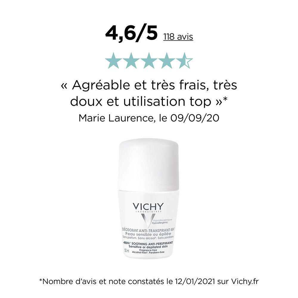 Witte roll-on deodorant van VICHY. Tekst: 4,6/5 sterren, 118 beoordelingen. Citaat: Aangenaam en zeer fris, zeer zacht en top in gebruik.