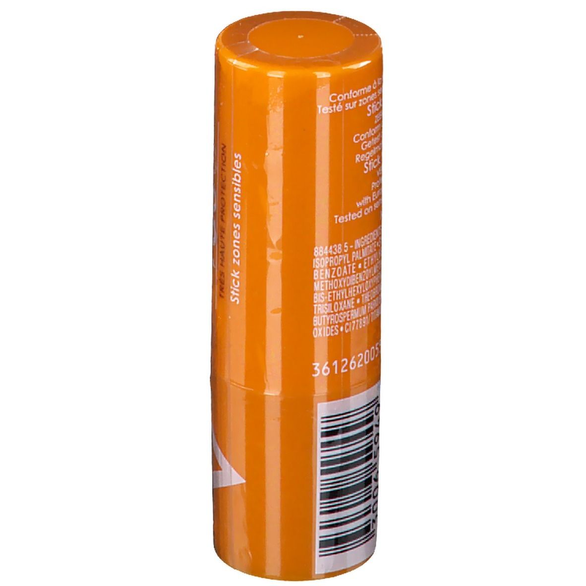 Stick solaire orange. Dos avec texte et code-barres. Forme cylindrique.