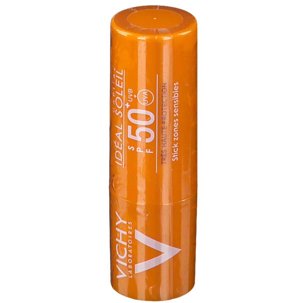 Stick solaire orange. Inscriptions blanches: Idéal Soleil, SPF 50+, Vichy. Forme cylindrique.
