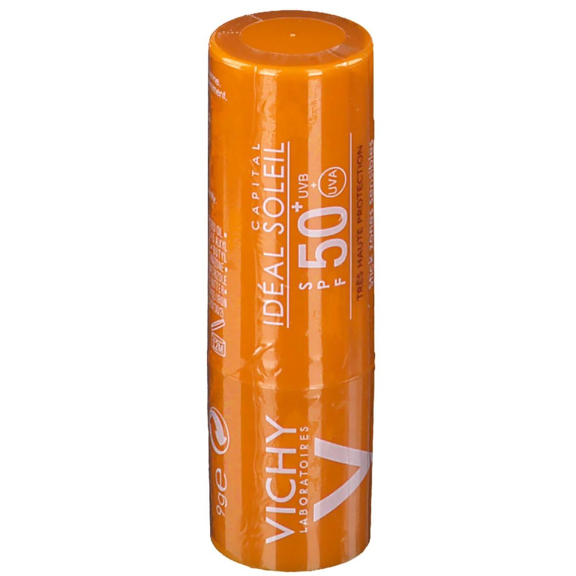 Stick solaire orange. Inscriptions blanches: Idéal Soleil, SPF 50+, Vichy. Forme cylindrique.
