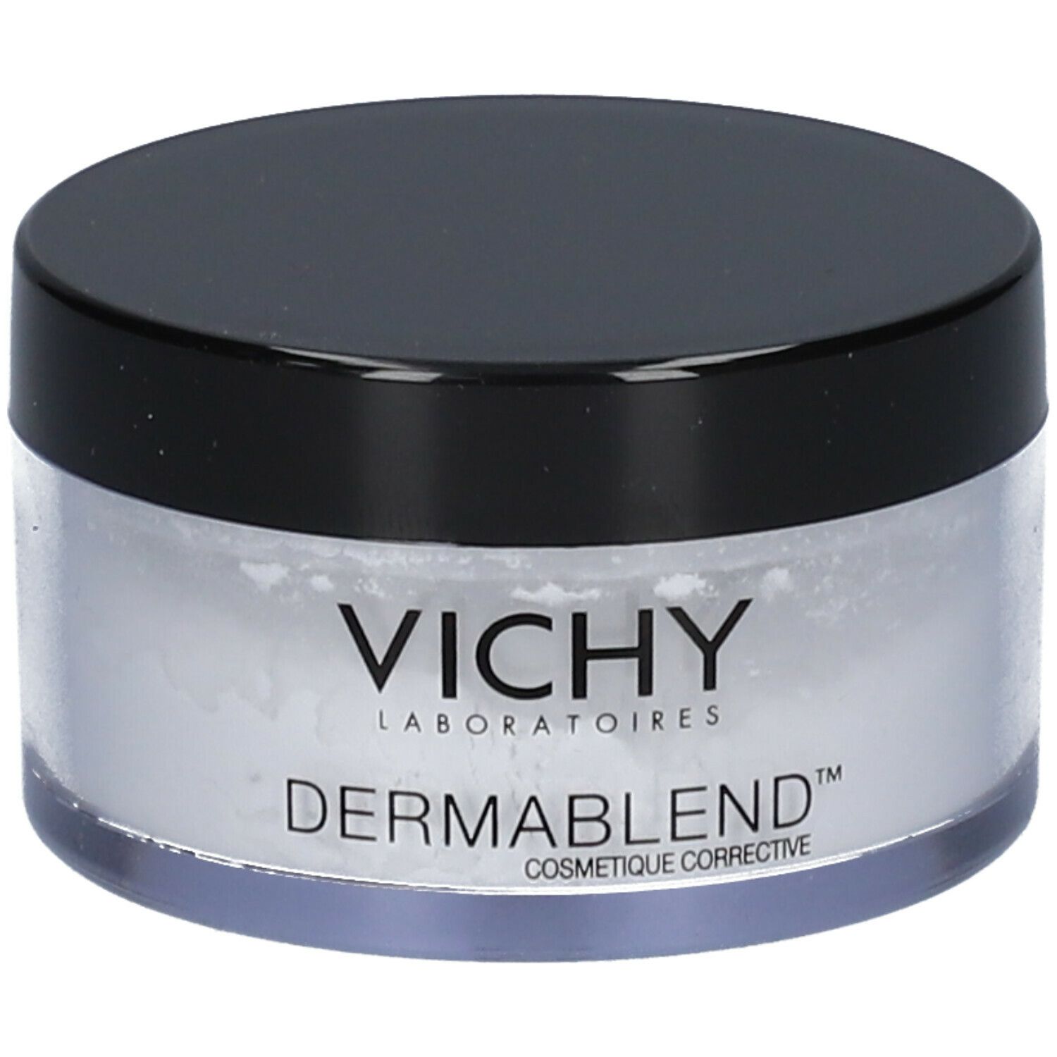 Récipient rond avec couvercle noir. Contient de la poudre blanche. Marque: Vichy Dermablend.