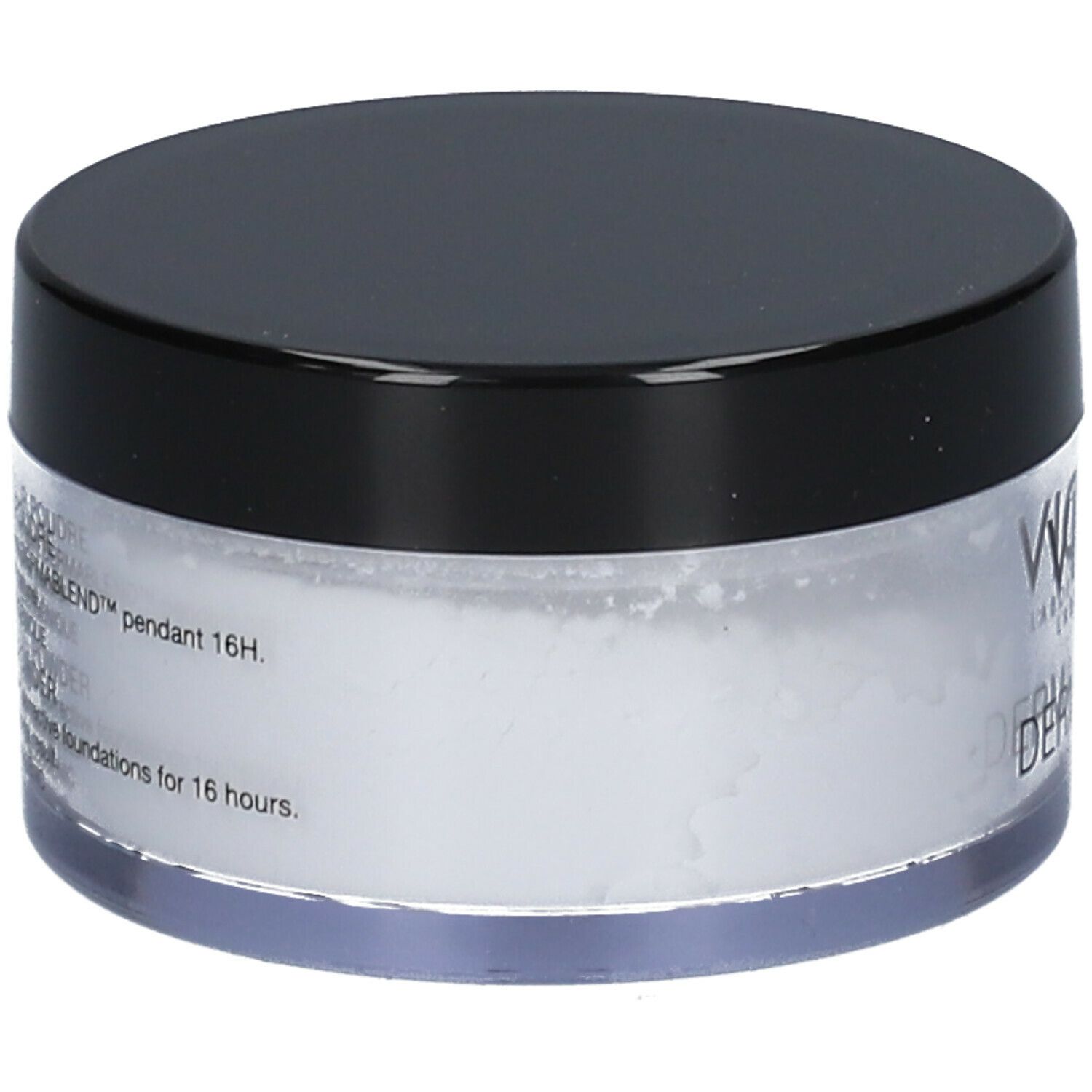 Récipient rond avec couvercle noir. Contient de la poudre blanche. Marque: Vichy Dermablend.