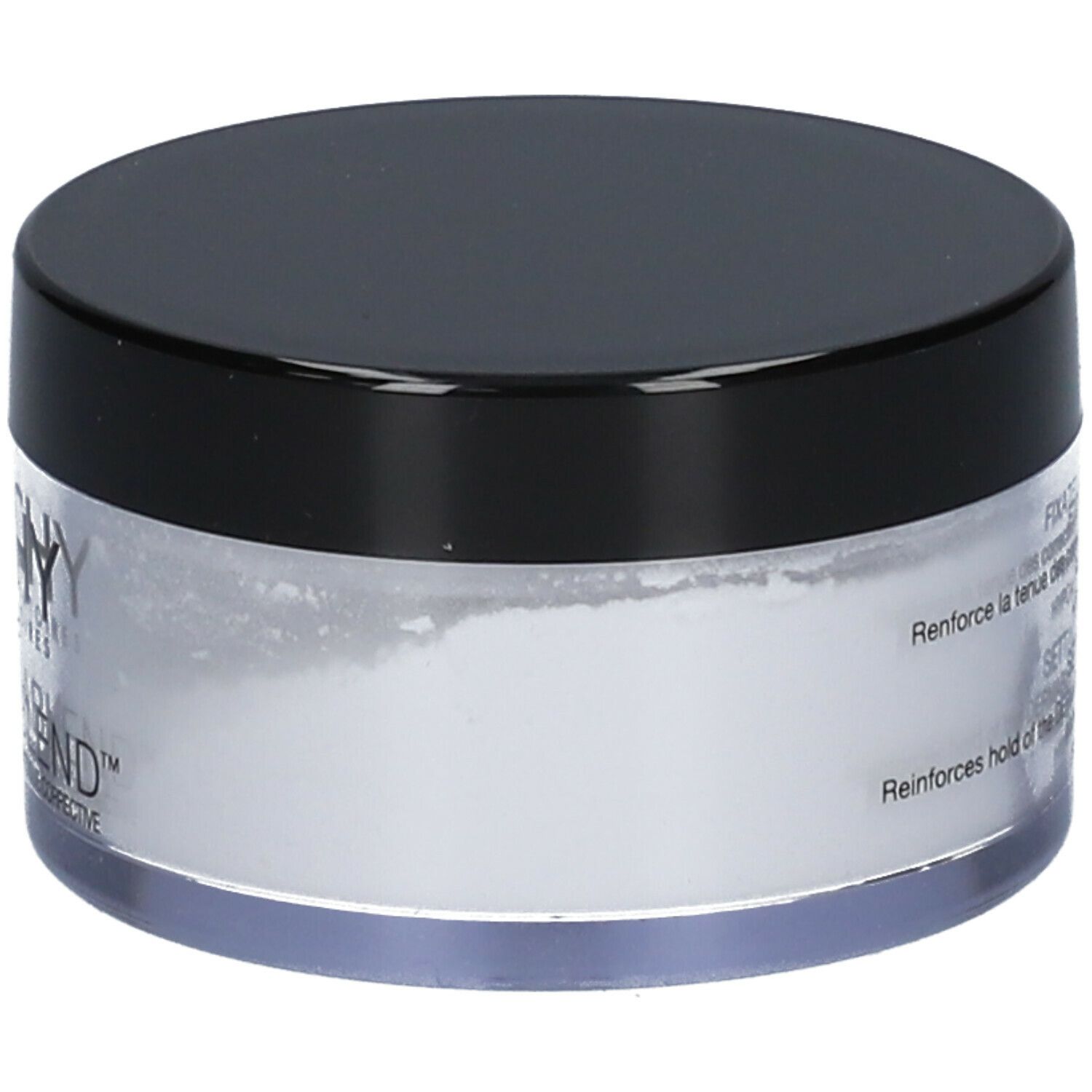 Récipient rond avec couvercle noir. Contient de la poudre blanche. Marque: Vichy Dermablend.