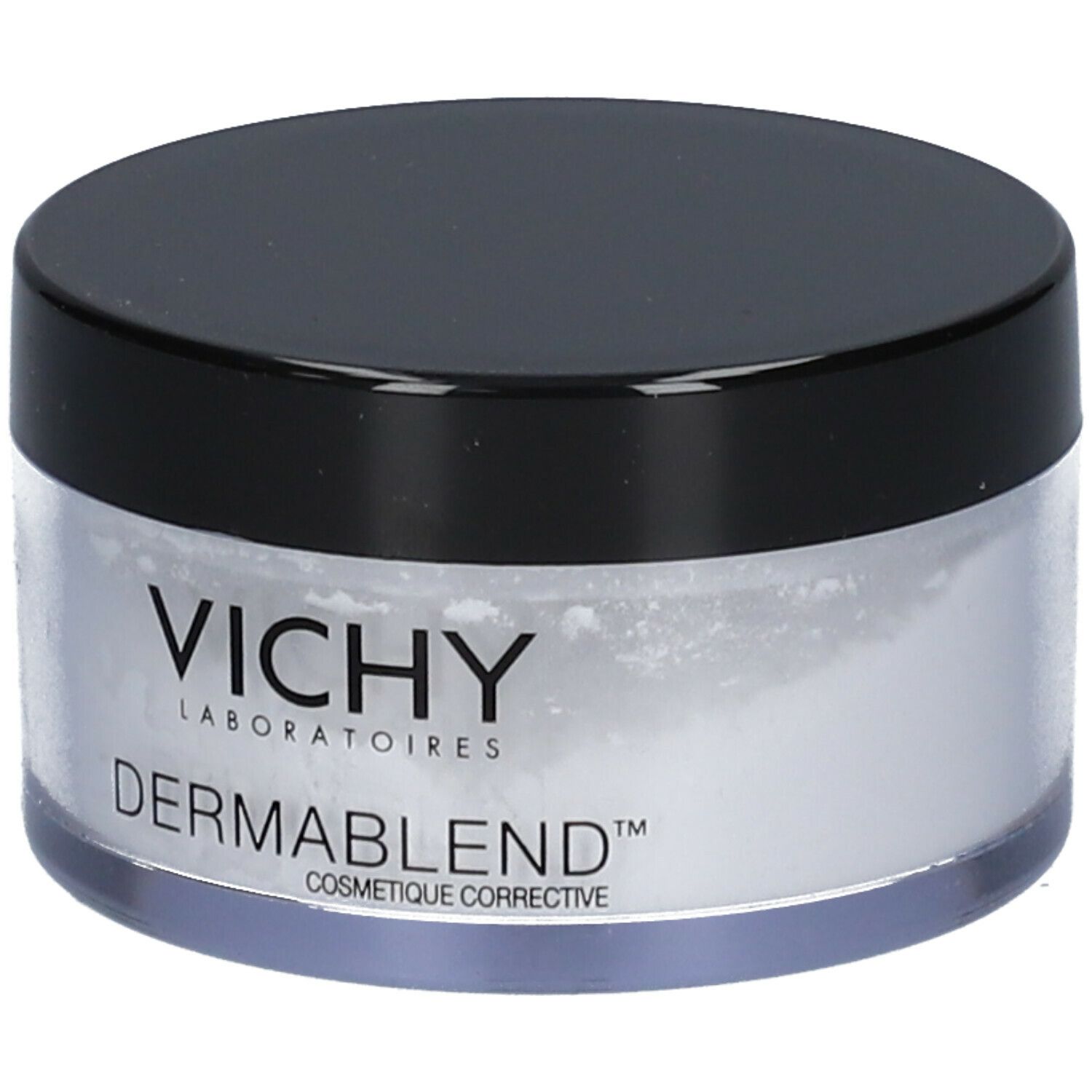Récipient rond avec couvercle noir. Contient de la poudre blanche. Marque: Vichy Dermablend.