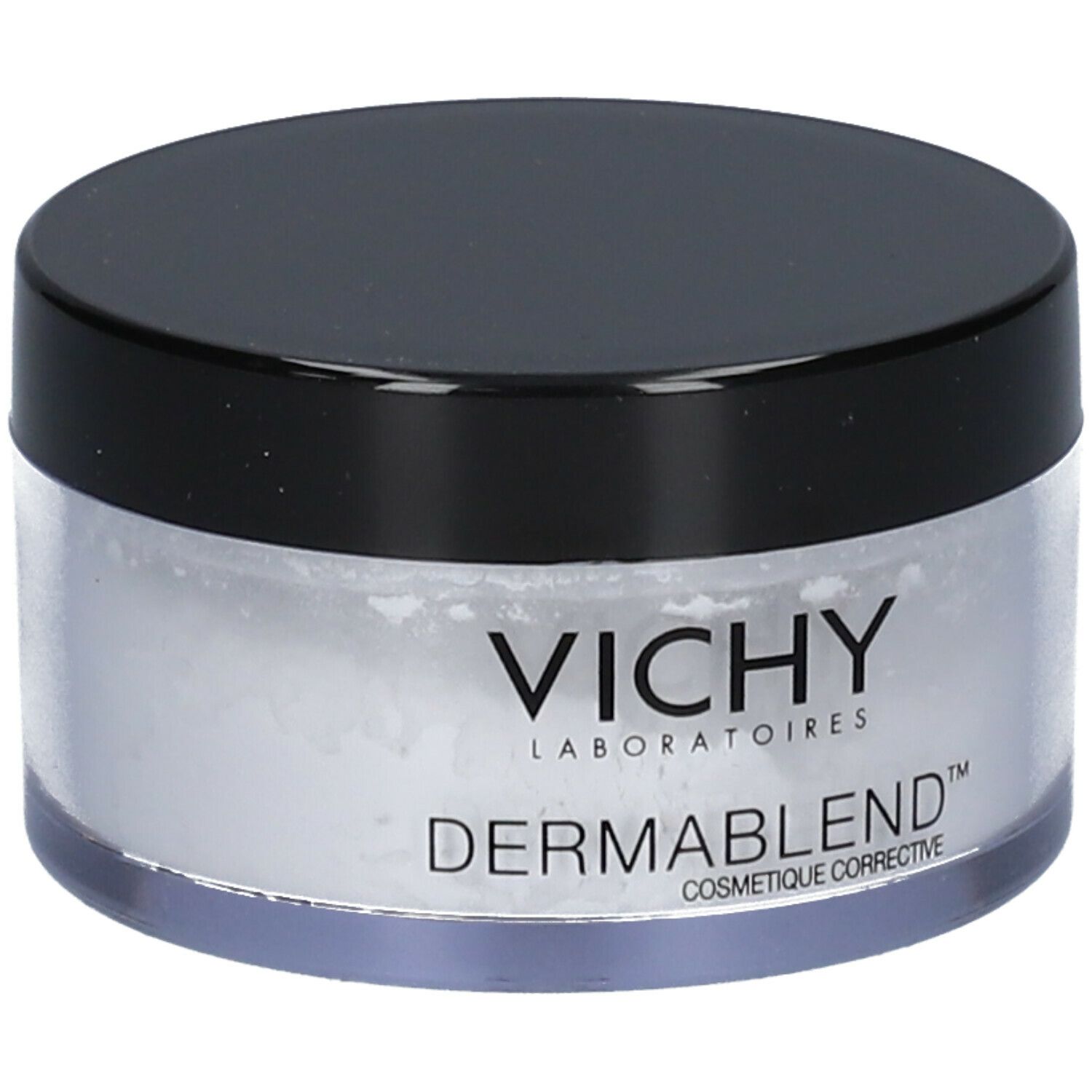 Récipient rond avec couvercle noir. Contient de la poudre blanche. Marque: Vichy Dermablend.