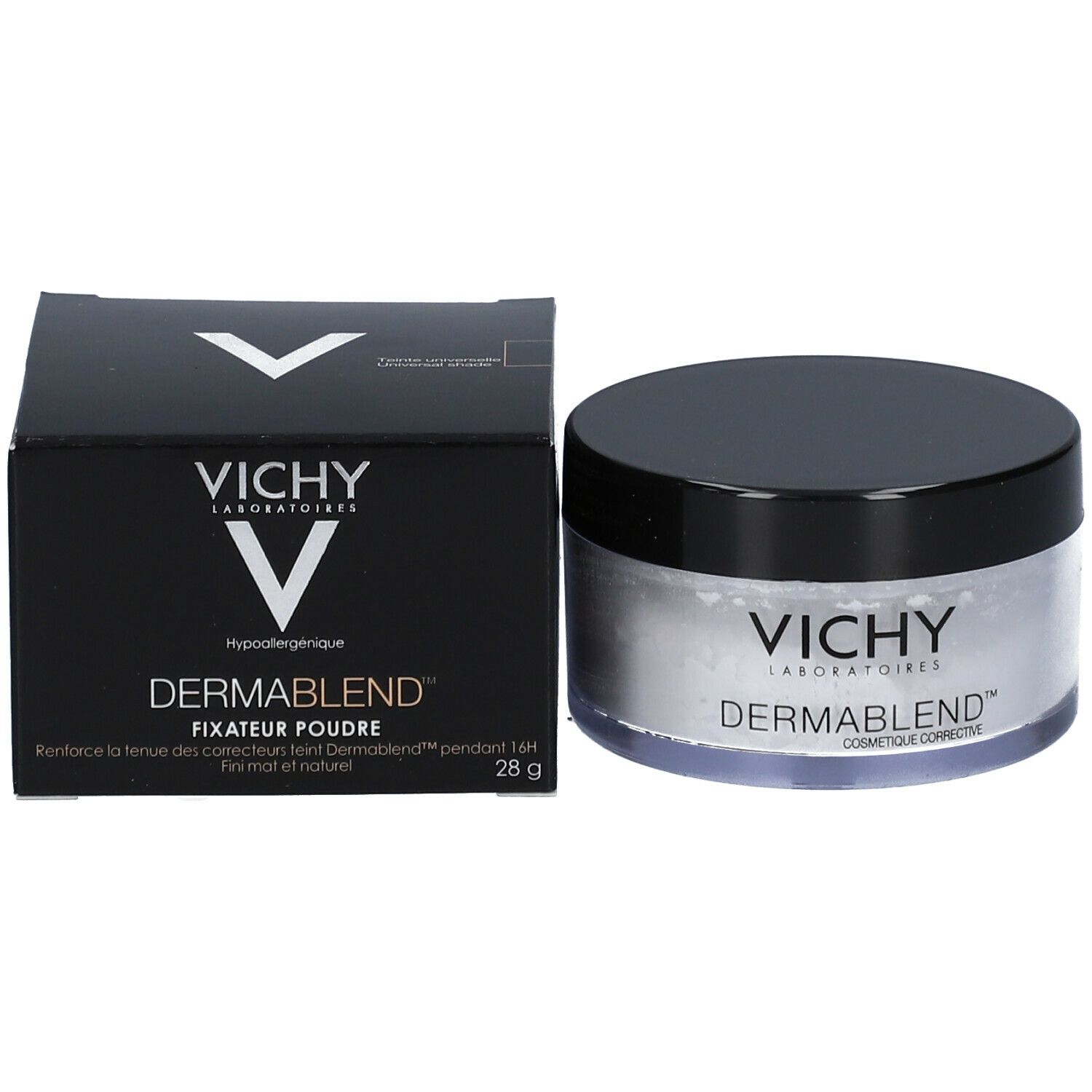 Boîte noire et pot avec couvercle noir. Contient de la poudre blanche. Marque: Vichy Dermablend.