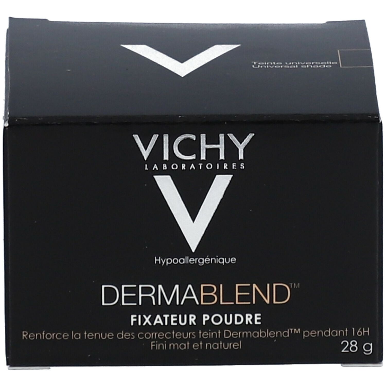 Boîte noire. Contient de la poudre blanche. Marque: Vichy Dermablend. Texte: Fixateur Poudre.