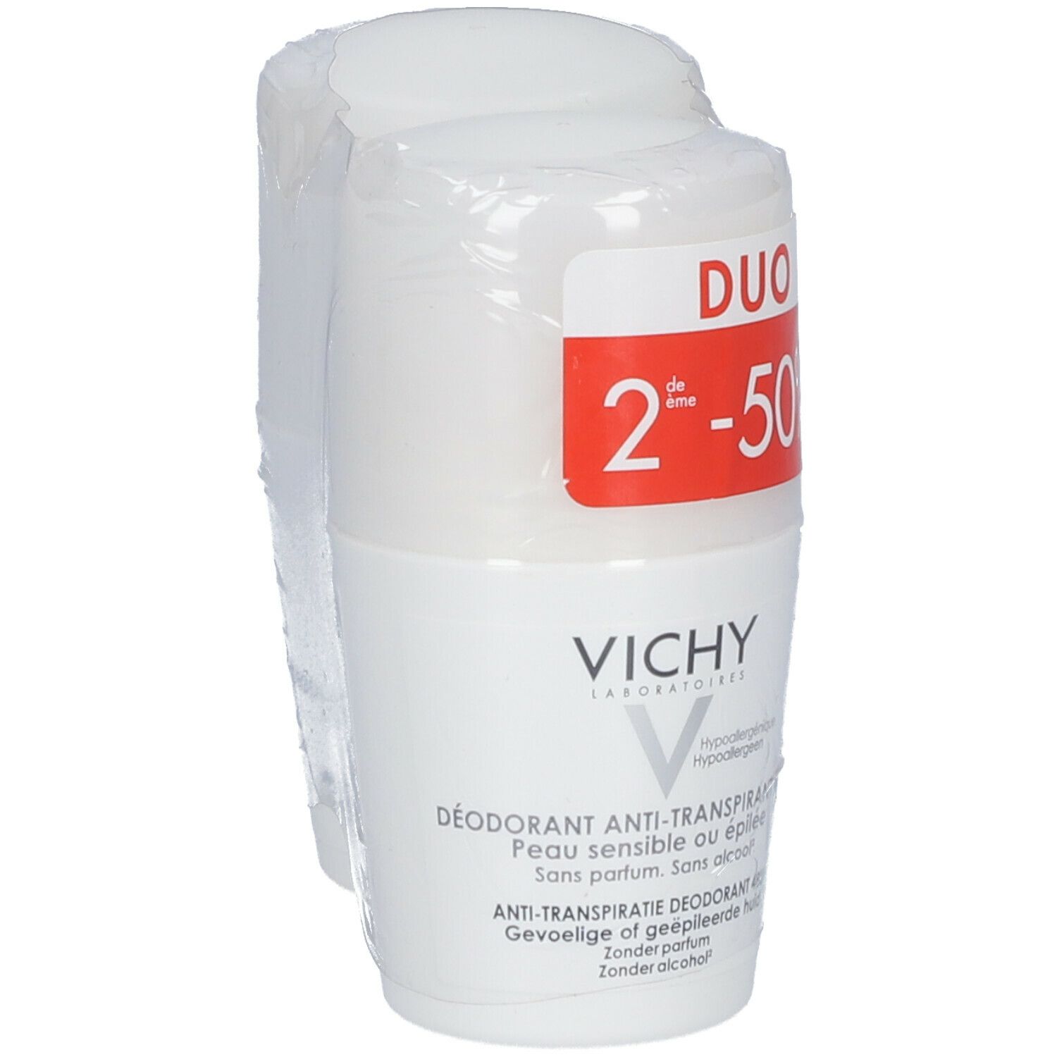 Duo de déodorants Vichy. Deux roll-ons blancs sous film. Étiquette rouge « DUO ». Texte : Anti-transpirant, peau sensible.