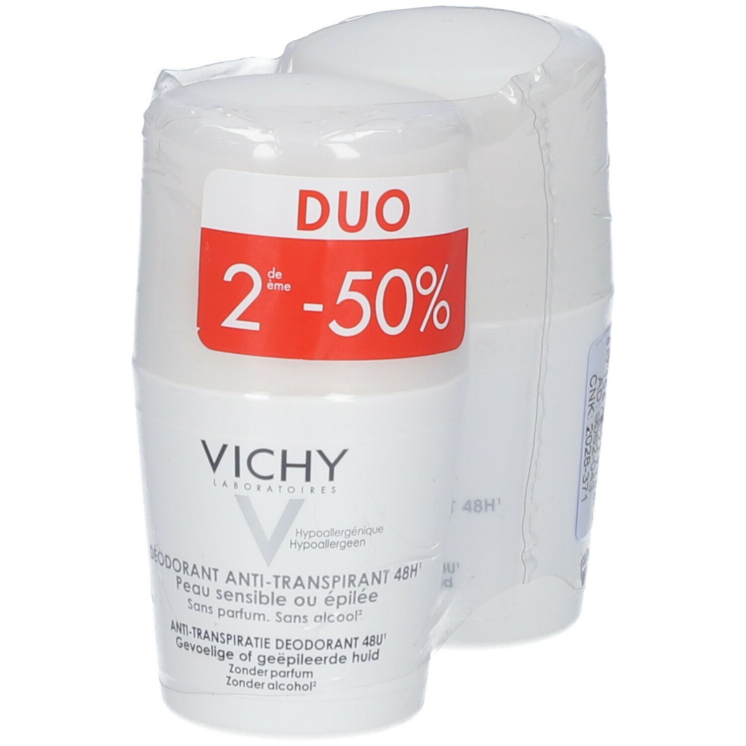 Duo de déodorants Vichy. Deux roll-ons blancs sous film. Étiquette rouge « DUO ». Texte : Anti-transpirant, peau sensible.