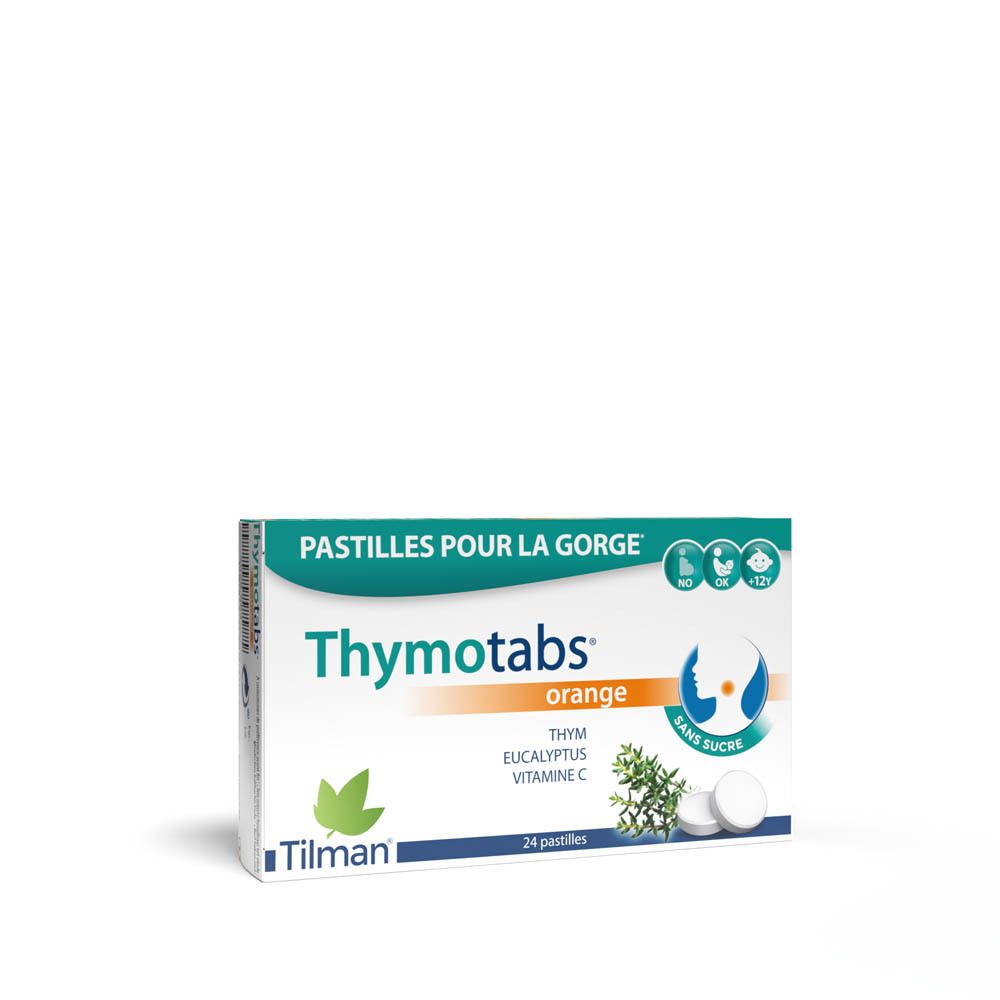 Boîte de Thymotabs Orange, 24 comprimés. Contient thym, eucalyptus, vitamine C. Marque Tilman.