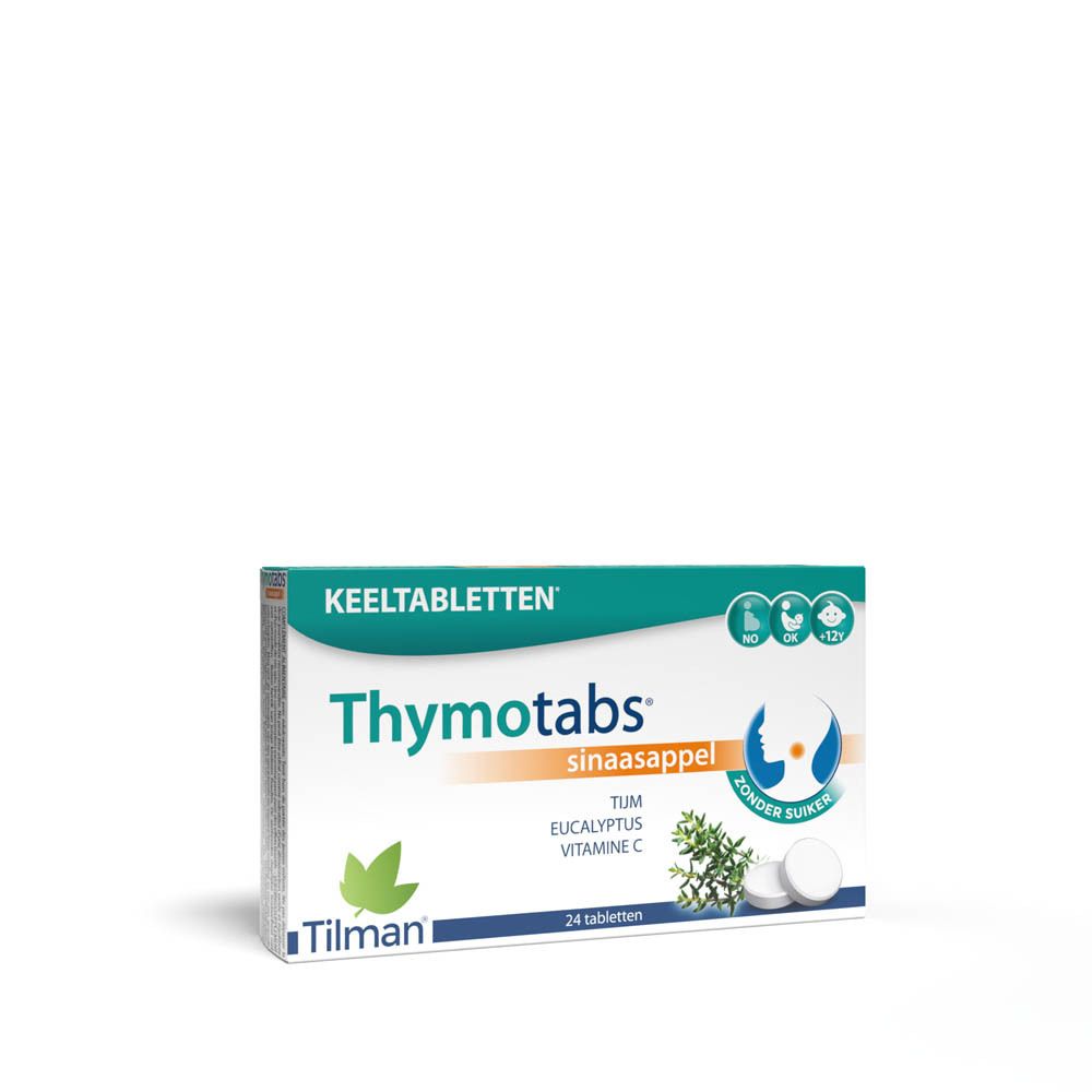 Verpakking Thymotabs Orange, 24 tabletten. Bevat tijm, eucalyptus, vitamine C. Merk Tilman.