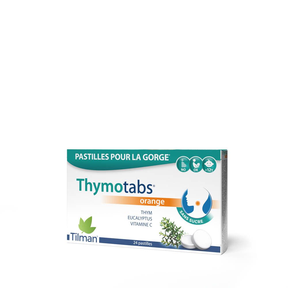 Boîte de Thymotabs Orange, 24 comprimés. Contient thym, eucalyptus, vitamine C. Marque Tilman.