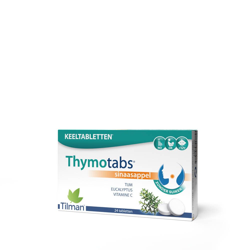 Verpakking Thymotabs Orange, 24 tabletten. Bevat tijm, eucalyptus, vitamine C. Merk Tilman.