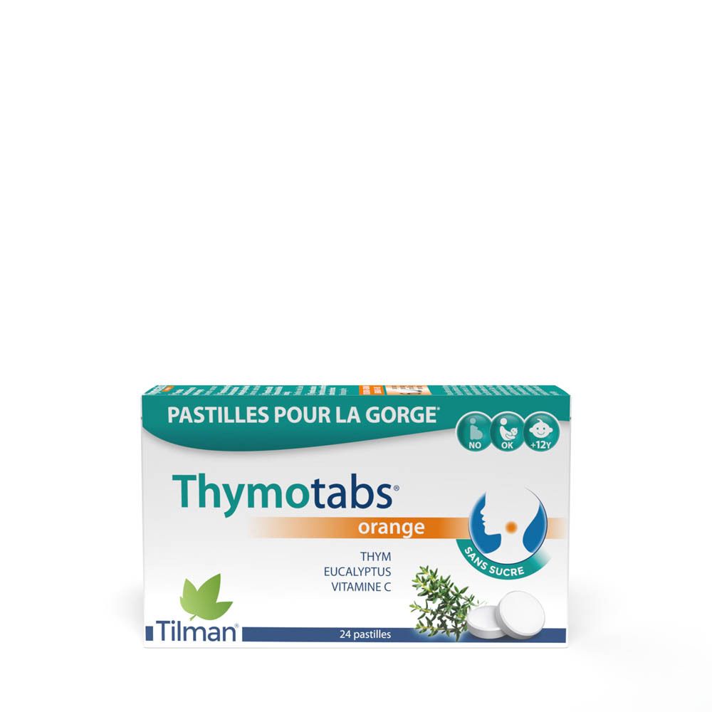 Boîte de Thymotabs Orange, 24 comprimés. Contient thym, eucalyptus, vitamine C. Marque Tilman.