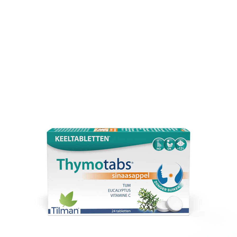 Verpakking Thymotabs Orange, 24 tabletten. Bevat tijm, eucalyptus, vitamine C. Merk Tilman.