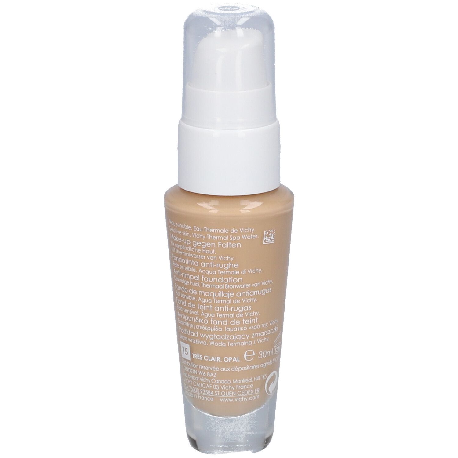 Vichy LIFTACTIV Flexilift Teint 15 Opal. Dos du flacon. Texte et informations.