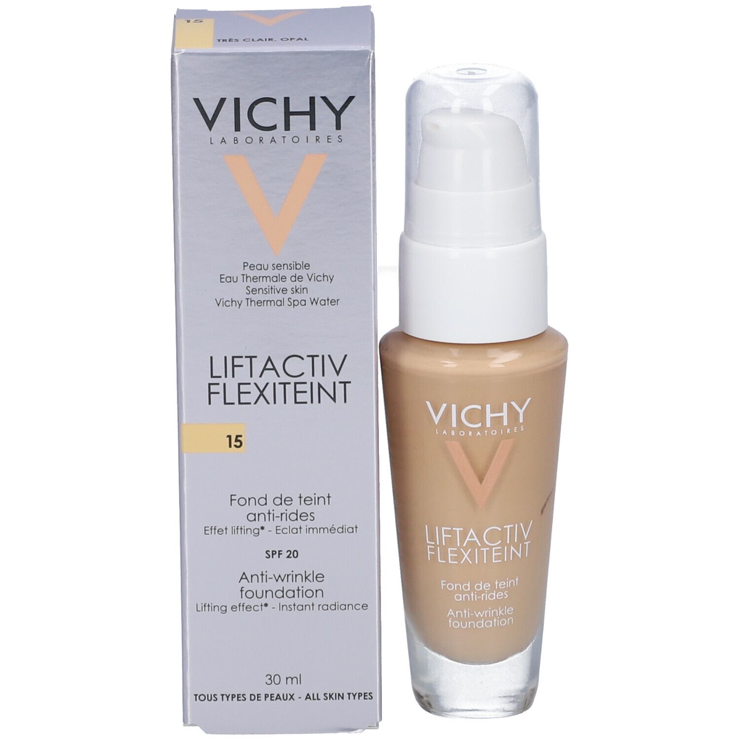 Vichy LIFTACTIV Flexilift Teint 15 Opal. Flacon et emballage. Teinte beige.