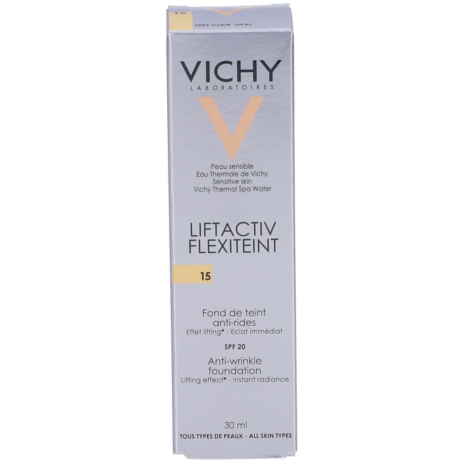 Vichy LIFTACTIV Flexilift Teint 15 Opal. Emballage. Teinte beige. SPF 20.