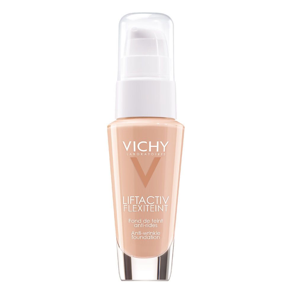 Flacon de fond de teint beige avec pompe blanche. Inscriptions : VICHY, LIFTACTIV FLEXITEINT.