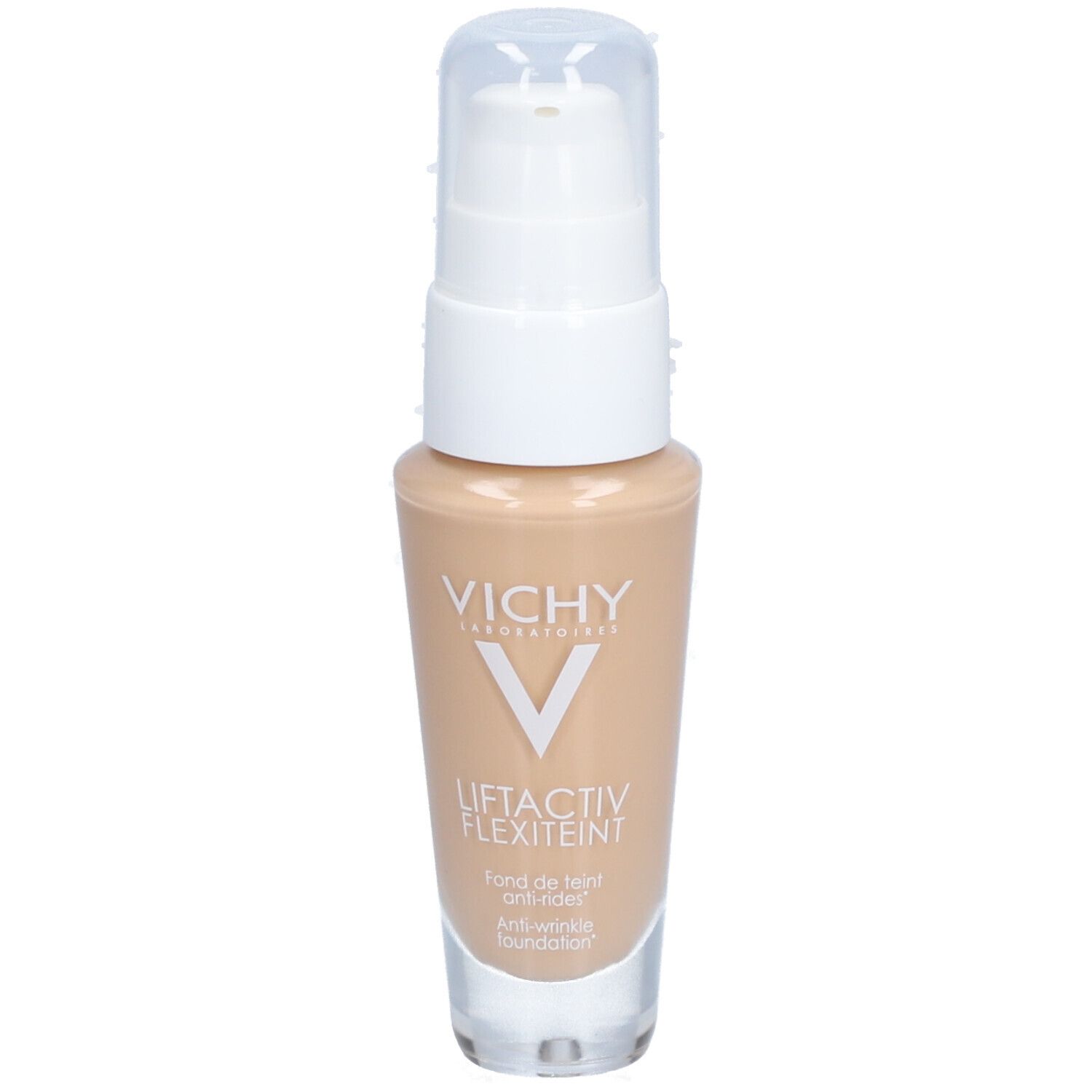 Flacon de fond de teint beige avec pompe blanche. Inscriptions : VICHY, LIFTACTIV FLEXITEINT.