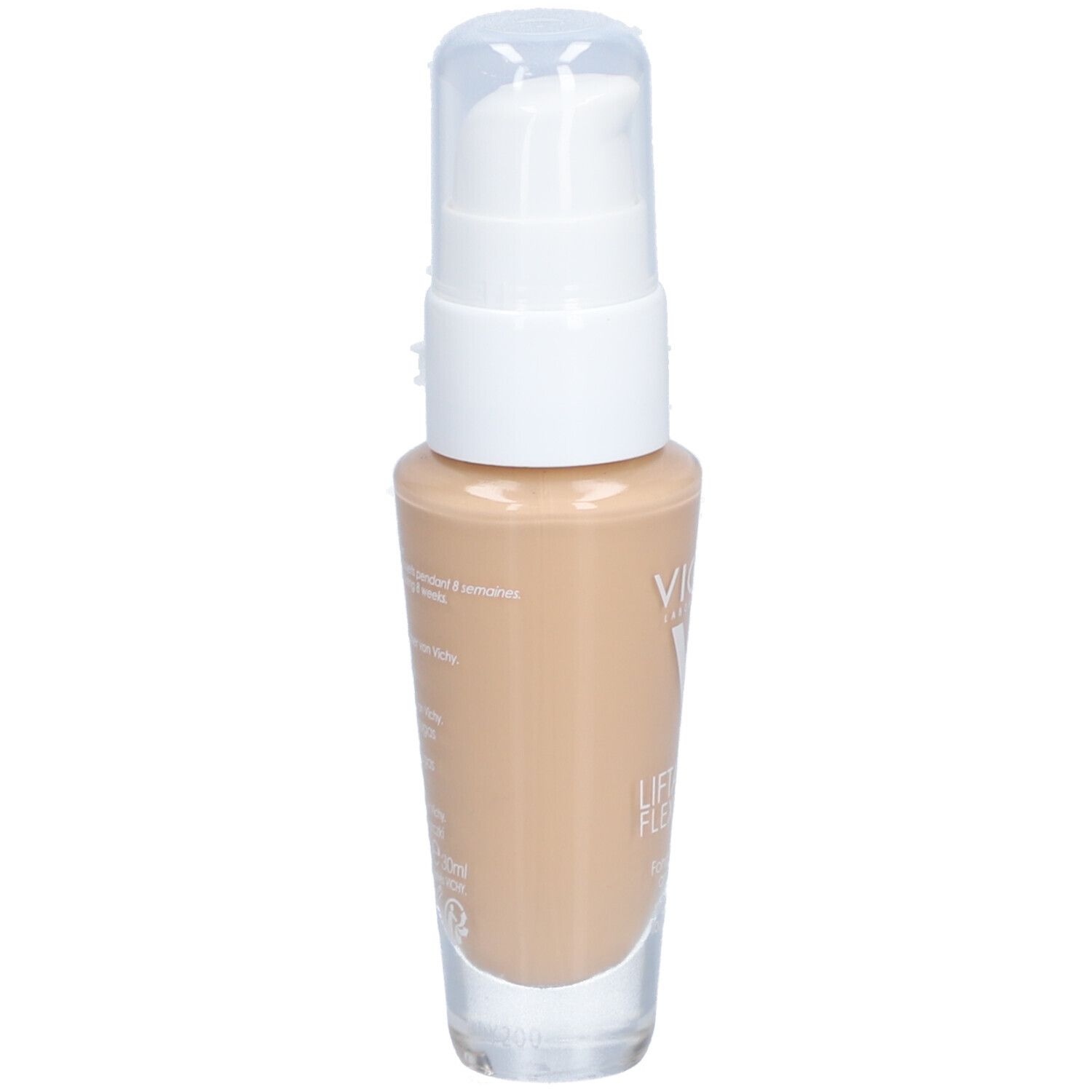 Flacon de fond de teint beige avec pompe blanche. Inscriptions : VICHY, LIFTACTIV FLEXITEINT.