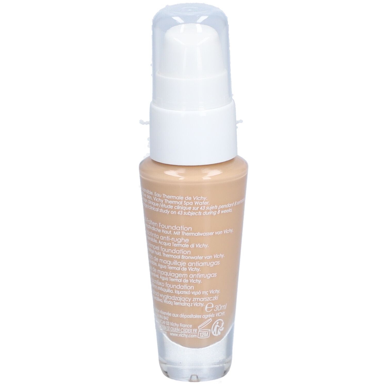 Flacon de fond de teint beige avec pompe blanche. Inscriptions : VICHY, LIFTACTIV FLEXITEINT.