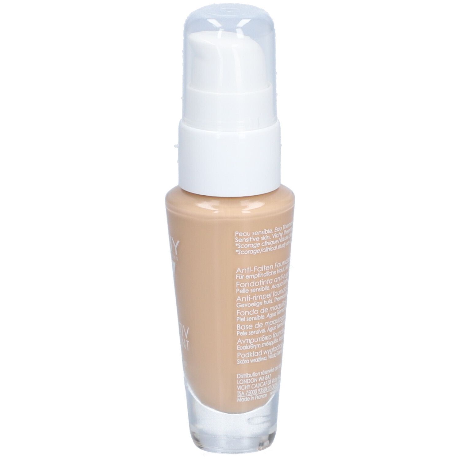Flacon de fond de teint beige avec pompe blanche. Inscriptions : VICHY, LIFTACTIV FLEXITEINT.