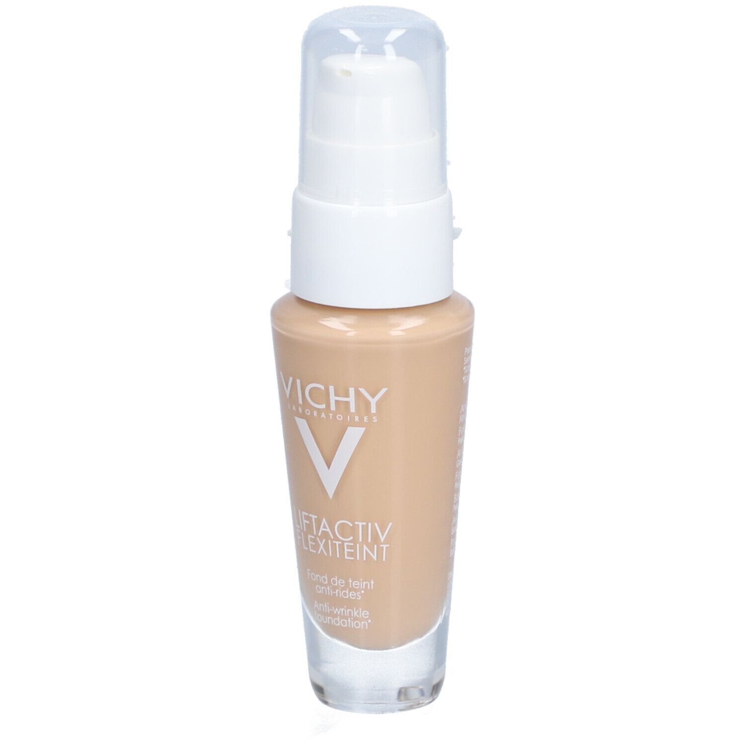 Flacon de fond de teint beige avec pompe blanche. Inscriptions : VICHY, LIFTACTIV FLEXITEINT.