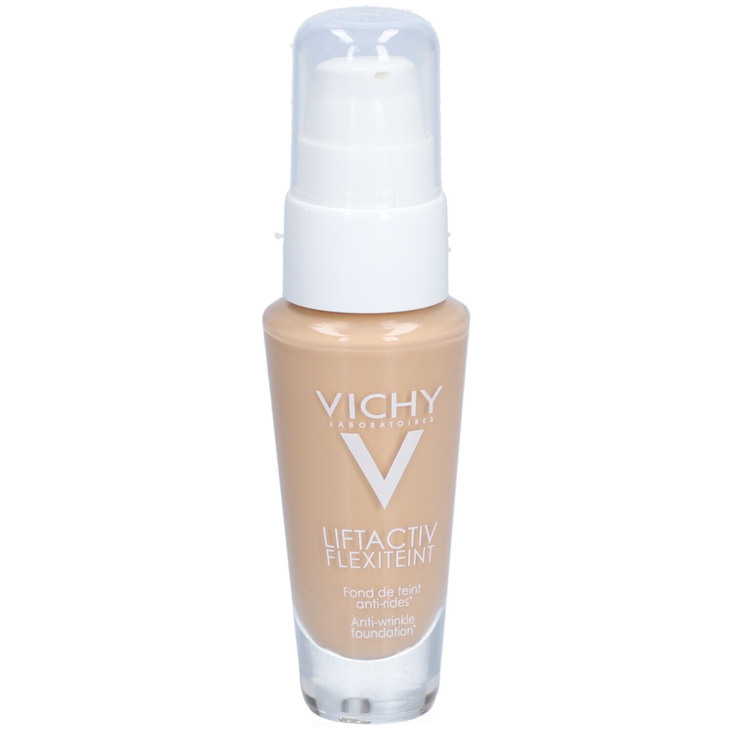 Flacon de fond de teint beige avec pompe blanche. Inscriptions : VICHY, LIFTACTIV FLEXITEINT.