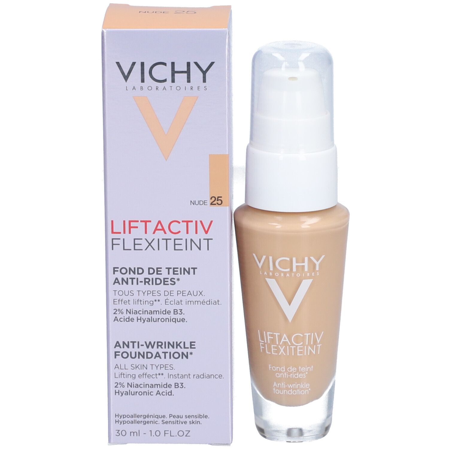 Flacon de fond de teint beige avec pompe blanche. Inscriptions : VICHY, LIFTACTIV FLEXITEINT.