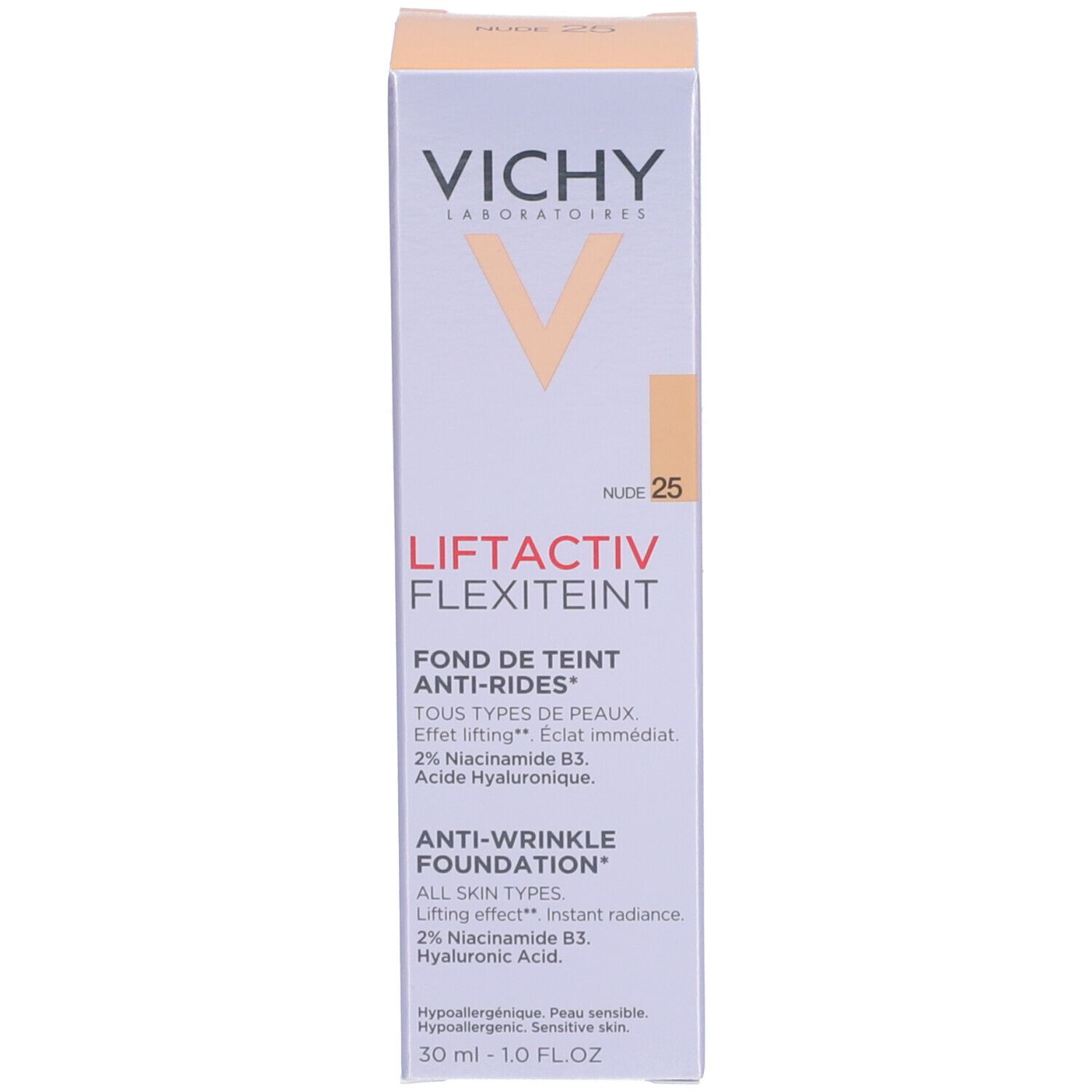 Flacon de fond de teint beige avec pompe blanche. Inscriptions : VICHY, LIFTACTIV FLEXITEINT.