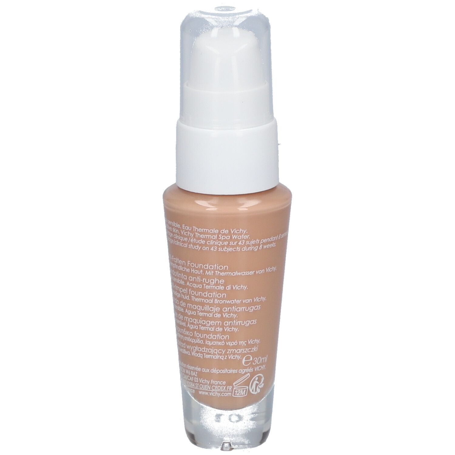 Fondotinta anti-rughe Vichy Liftactiv Flexiteint. Flacone con dosatore. Tonalità beige.