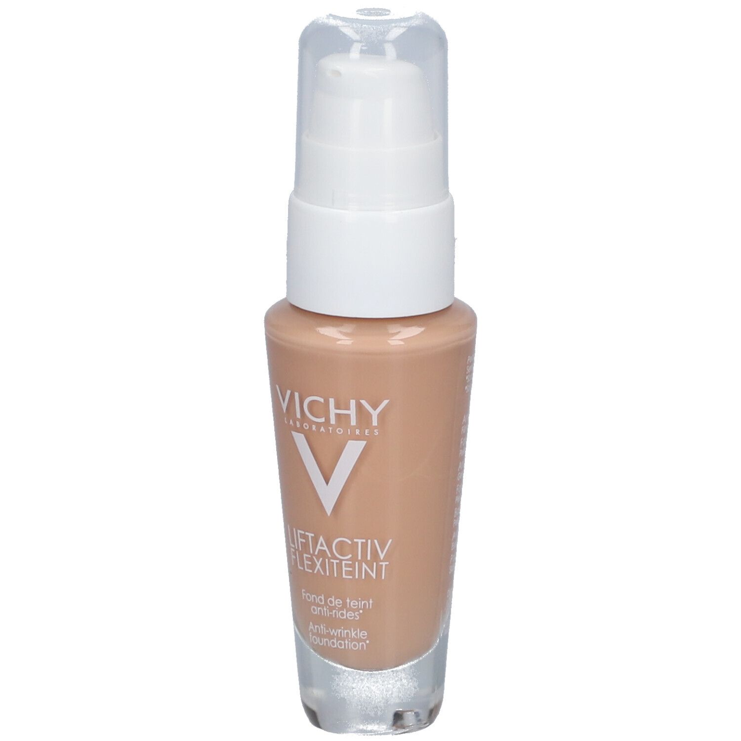 Fondotinta anti-rughe Vichy Liftactiv Flexiteint. Flacone con dosatore. Tonalità beige.