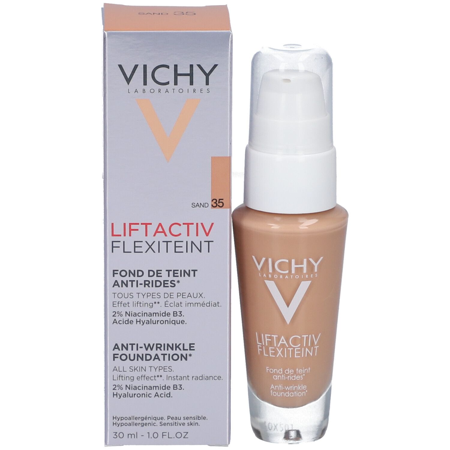 Vichy Liftactiv Flexiteint e confezione. Tonalità 35 Sand. Fondotinta anti-rughe.