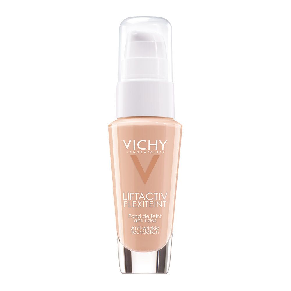 Vichy LIFTACTIV Flexilift Teint foundation flesje. Witte pomp. Kleur: Gold. Opschrift: Anti-rimpel foundation.
