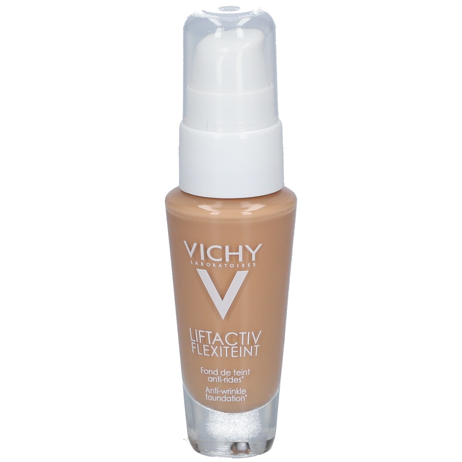 Vichy LIFTACTIV Flexilift Teint foundation flesje. Witte pomp. Kleur: Gold. Opschrift: Anti-rimpel foundation.