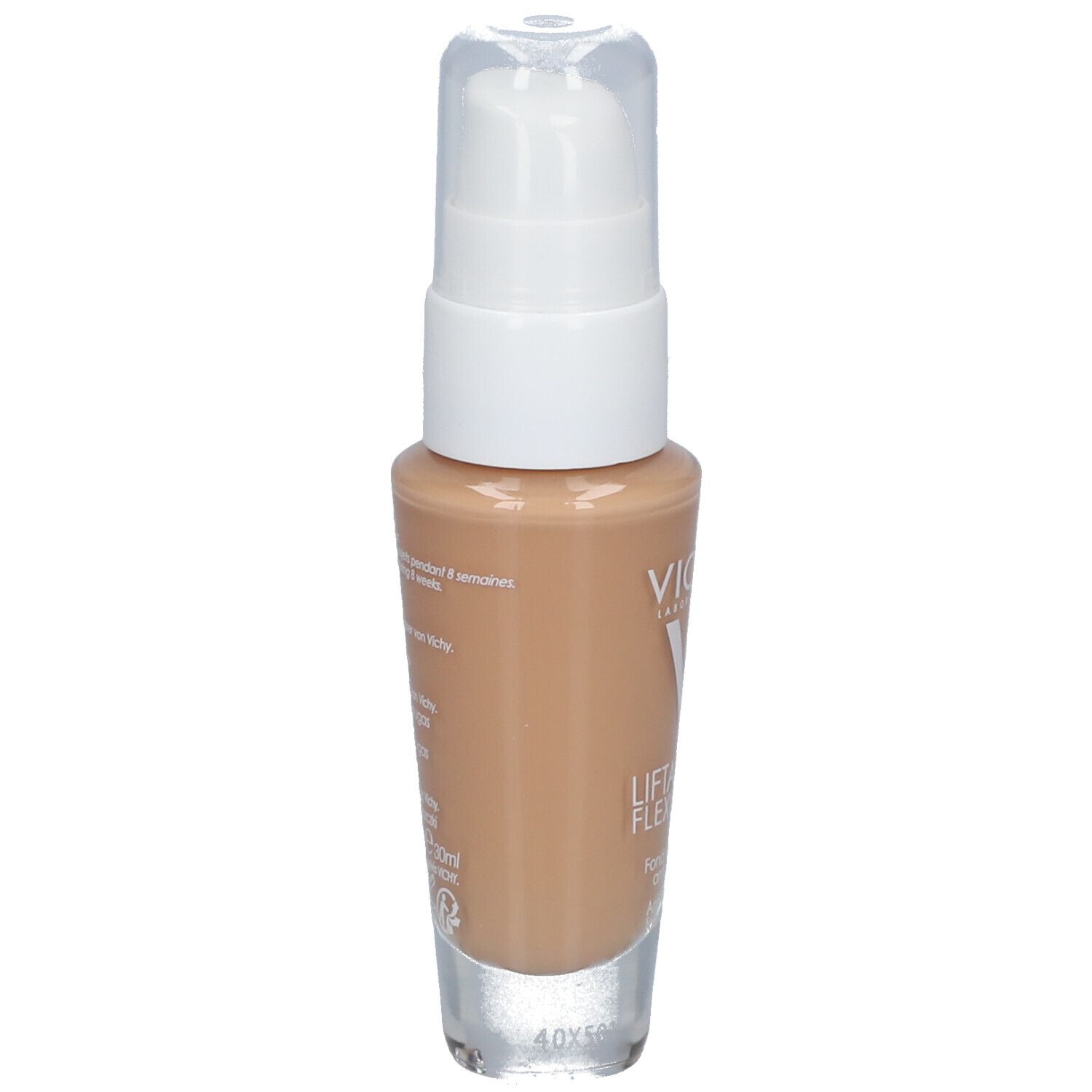 Vichy LIFTACTIV Flexilift Teint foundation flesje. Witte pomp. Kleur: Gold. Opschrift: Anti-rimpel foundation.