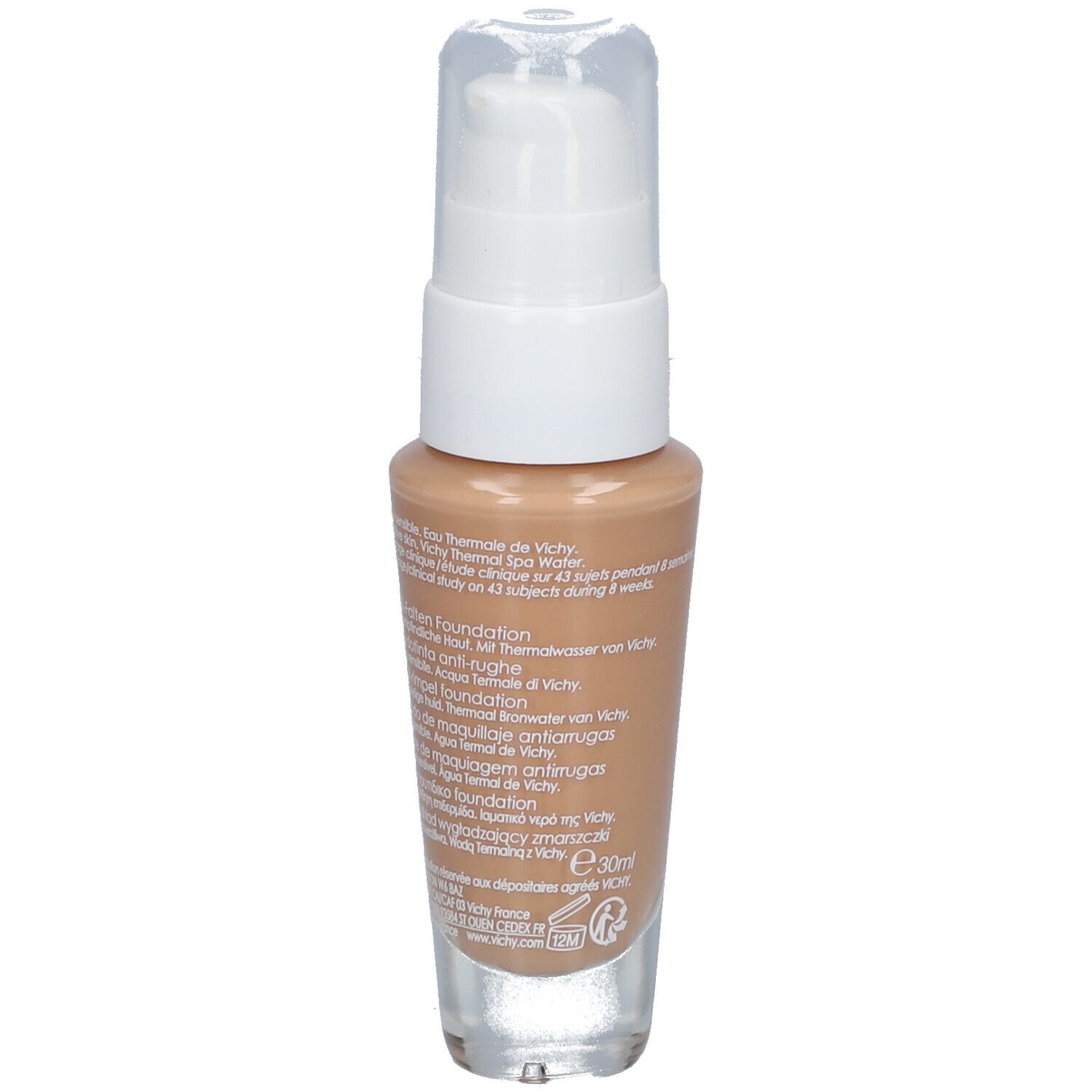 Vichy LIFTACTIV Flexilift Teint foundation flesje. Witte pomp. Kleur: Gold. Opschrift: Anti-rimpel foundation.