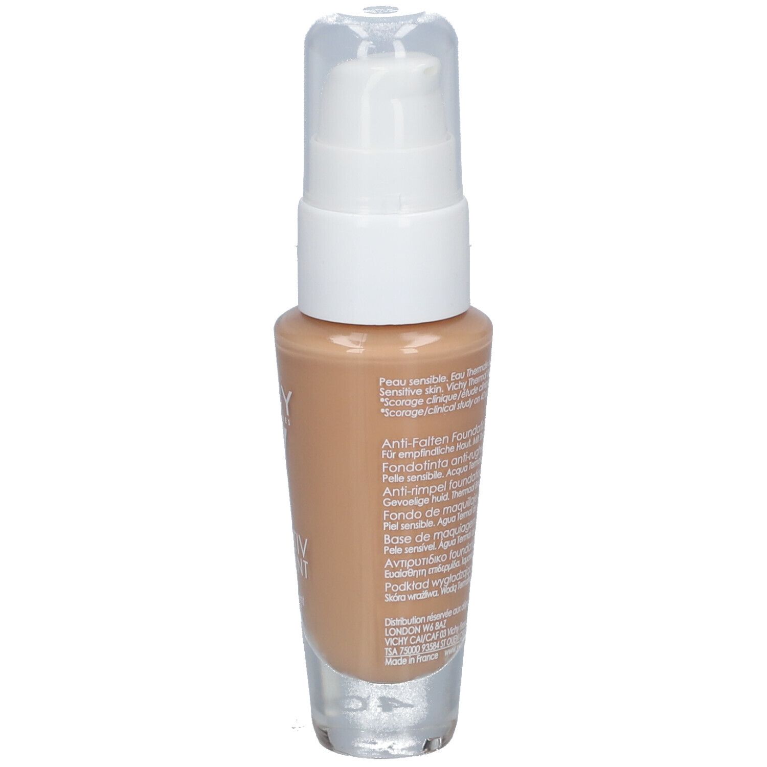 Vichy LIFTACTIV Flexilift Teint foundation flesje. Witte pomp. Kleur: Gold. Opschrift: Anti-rimpel foundation.