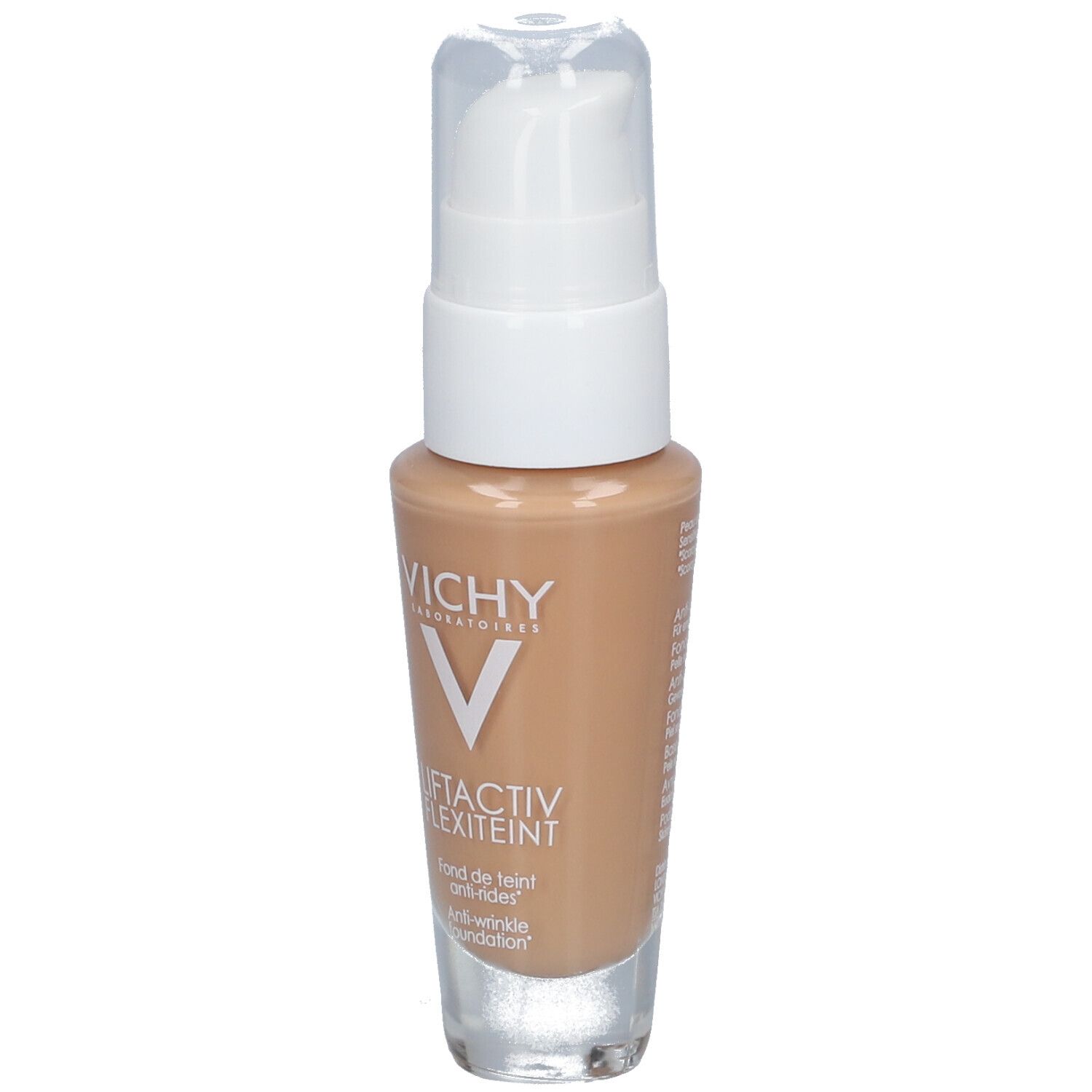 Vichy LIFTACTIV Flexilift Teint foundation flesje. Witte pomp. Kleur: Gold. Opschrift: Anti-rimpel foundation.