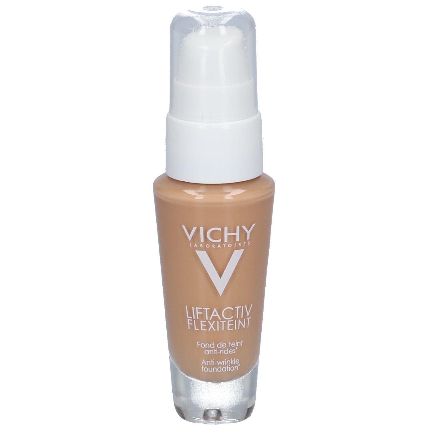 Vichy LIFTACTIV Flexilift Teint foundation flesje. Witte pomp. Kleur: Gold. Opschrift: Anti-rimpel foundation.