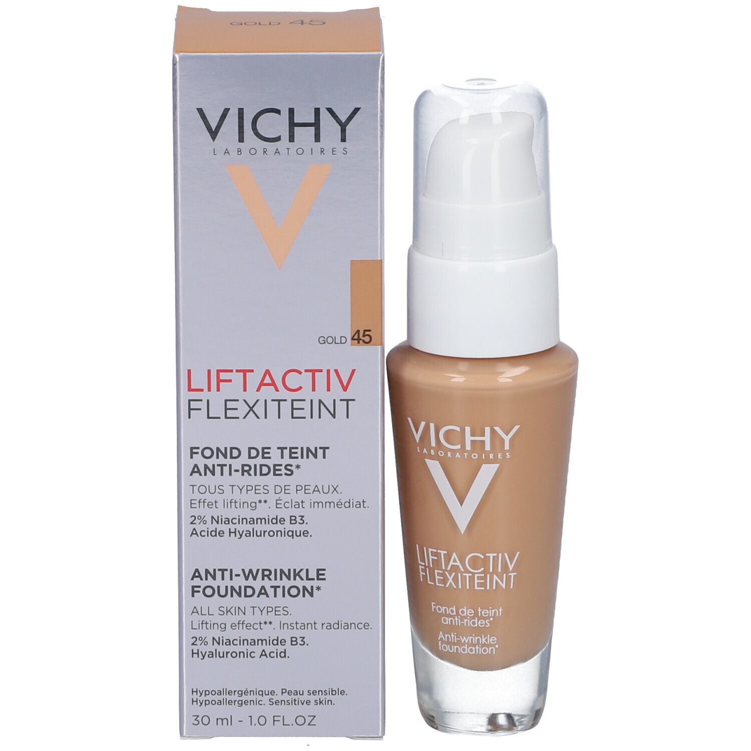 Vichy LIFTACTIV Flexilift Teint foundation flesje. Witte pomp. Kleur: Gold. Opschrift: Anti-rimpel foundation.