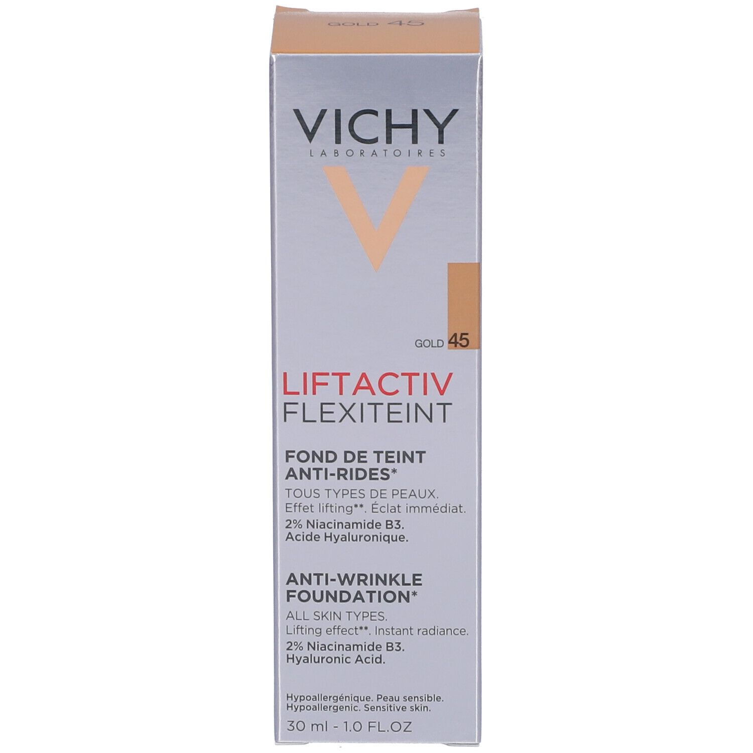 Vichy LIFTACTIV Flexilift Teint foundation flesje. Witte pomp. Kleur: Gold. Opschrift: Anti-rimpel foundation.
