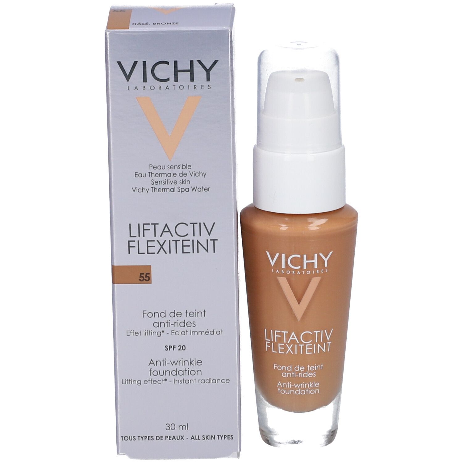 Vichy Liftactiv Flexilift Teint Nr. 55 Bronze. Fles en doos. Bronzen tint. Foundation.
