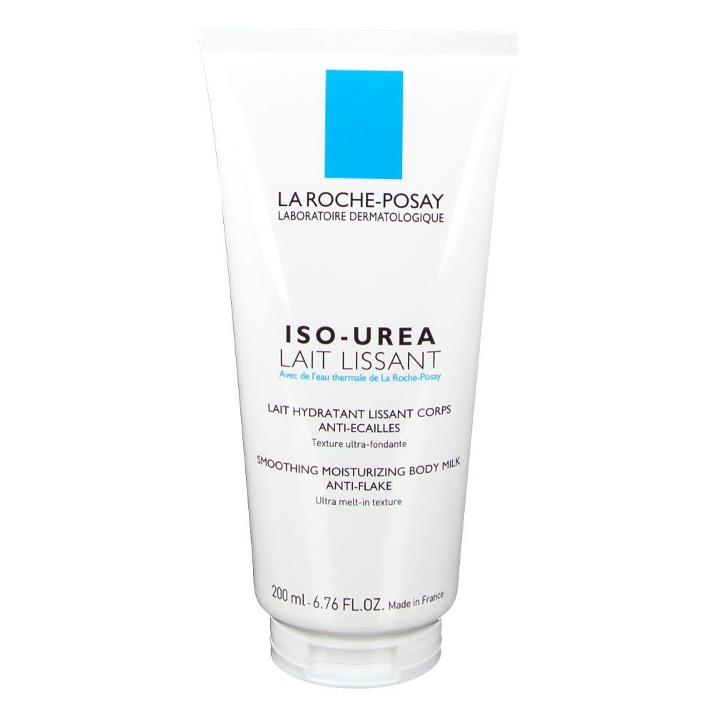 Weiße Tube mit blauer Markierung. Aufschrift: ISO-UREA Lait Lissant. Text in Französisch und Englisch. Unten: 200 ml.