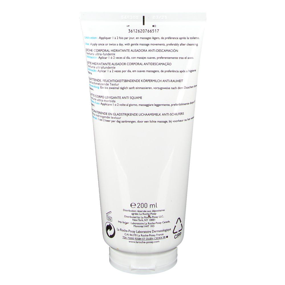 Rückseite der weißen Tube. Text in mehreren Sprachen. Unten: 200 ml. Recycling-Symbole.