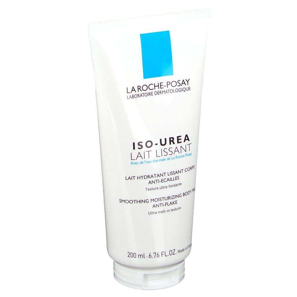 Weiße Tube mit blauer Markierung. Aufschrift: ISO-UREA Lait Lissant. Text in Französisch und Englisch. Unten: 200 ml.